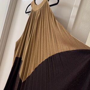 Free People Gold and Brown Pleated Circle Neck Halter Dress M